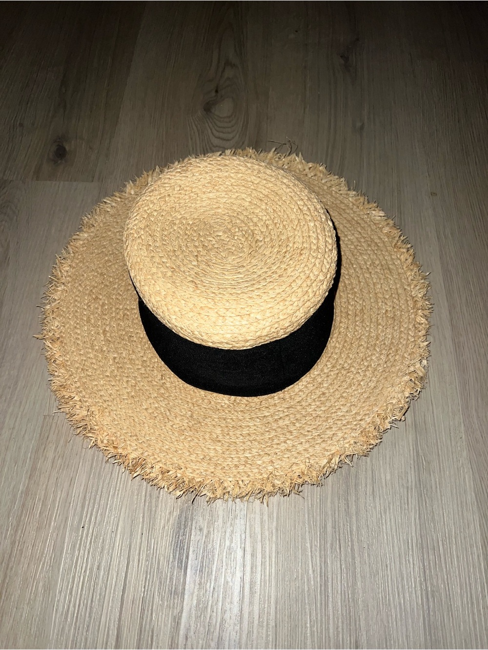 Stylish Tan Straw Hat with Black Band